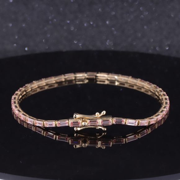 Yellow Gold and Baguette Cut Lab Padparadscha Sapphire Bracelet 7.5 inches Long - Picture 2 of 5